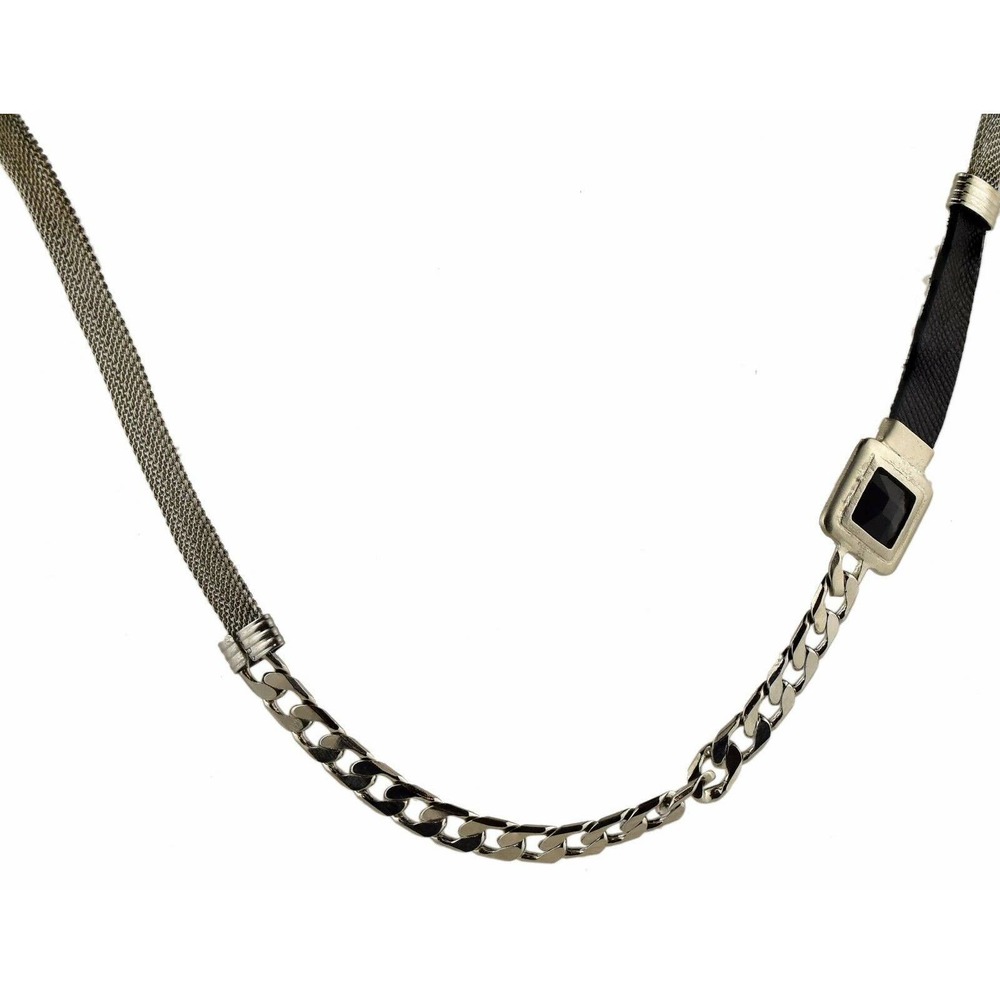 HAGAR SATAT Dark Gray Crystal Square Black Leather Silver Chain Mix Necklace NWT